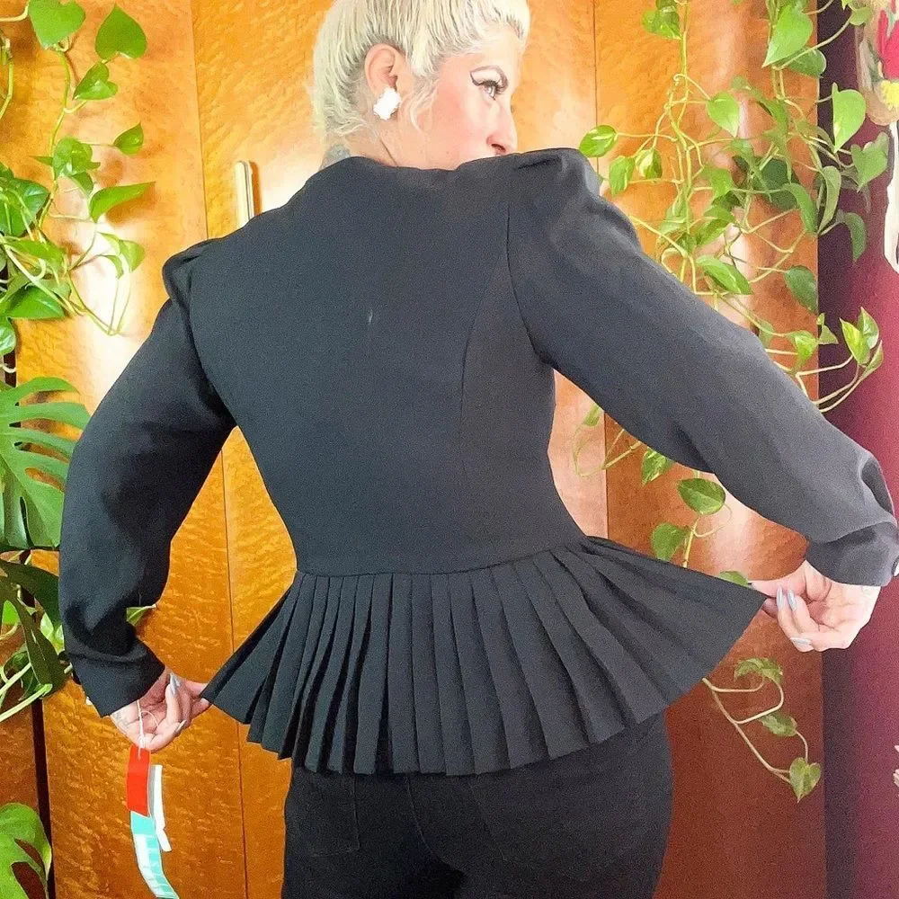 NWT LESLIE FAY 1990’s 90s Vintage Black Crepe Box Pleat Peplum Suit Jacket 12 - Picture 3 of 11